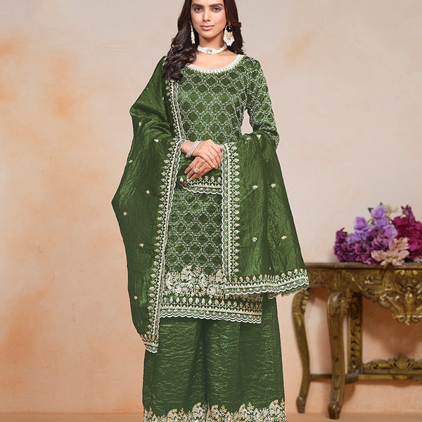 Monjolika Fashion Dark-Green Color Embroidered Santoon Art Silk Salwar Suit - Distacart