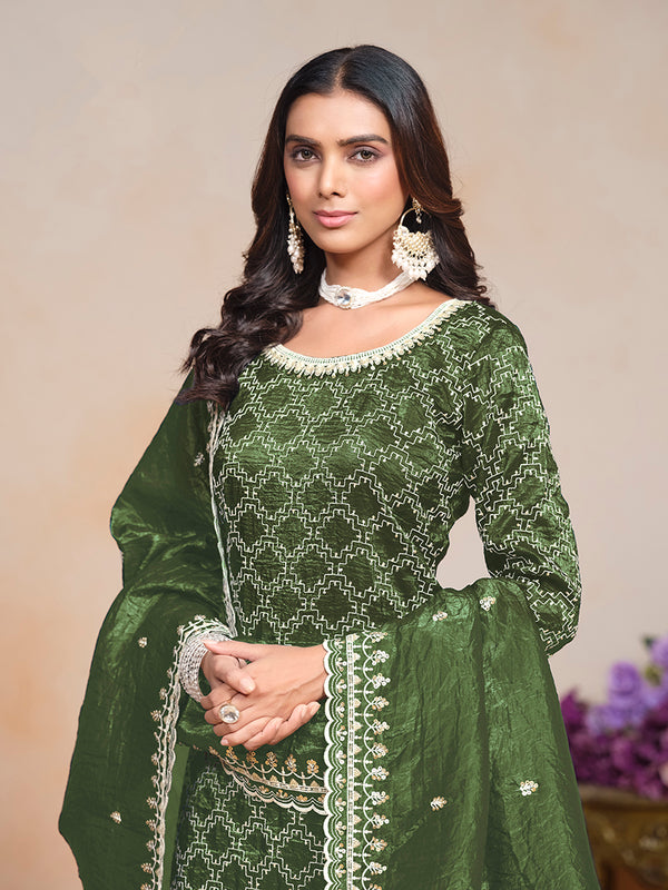 Monjolika Fashion Dark-Green Color Embroidered Santoon Art Silk Salwar Suit