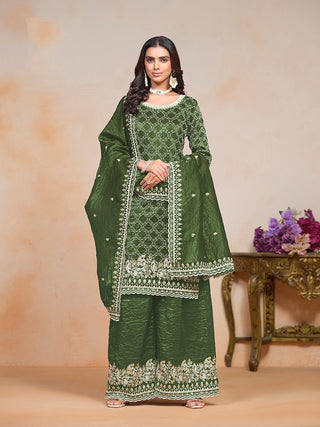 Monjolika Fashion Dark-Green Color Embroidered Santoon Art Silk Salwar Suit