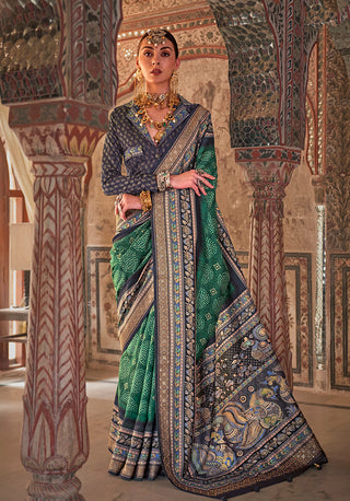 Monjolika Fashion Green Printed Viscose Silk Designer Traditional Saree