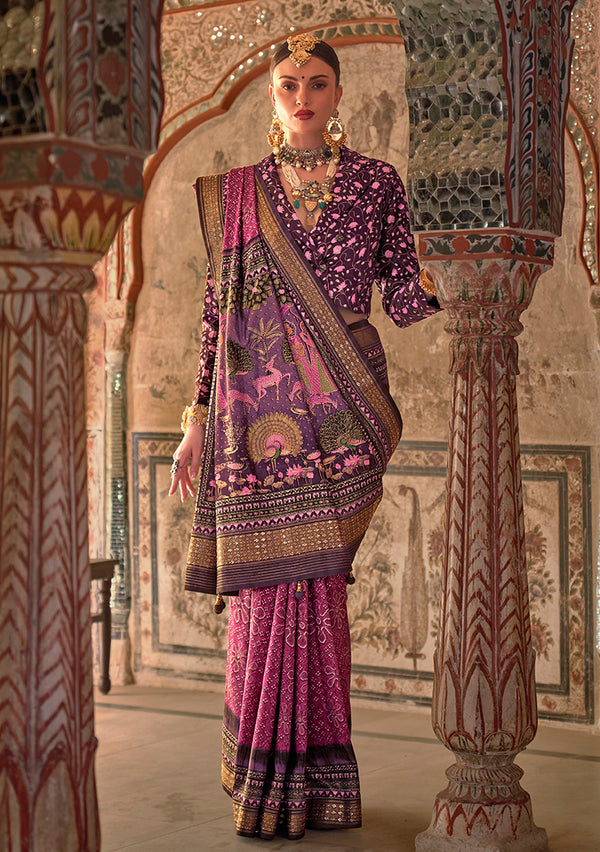 Monjolika Fashion Dark Pink Printed Viscose Silk Designer Traditional Saree