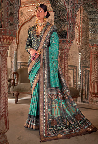 Monjolika Fashion Aqua Blue Printed Viscose Silk Designer Traditional Saree