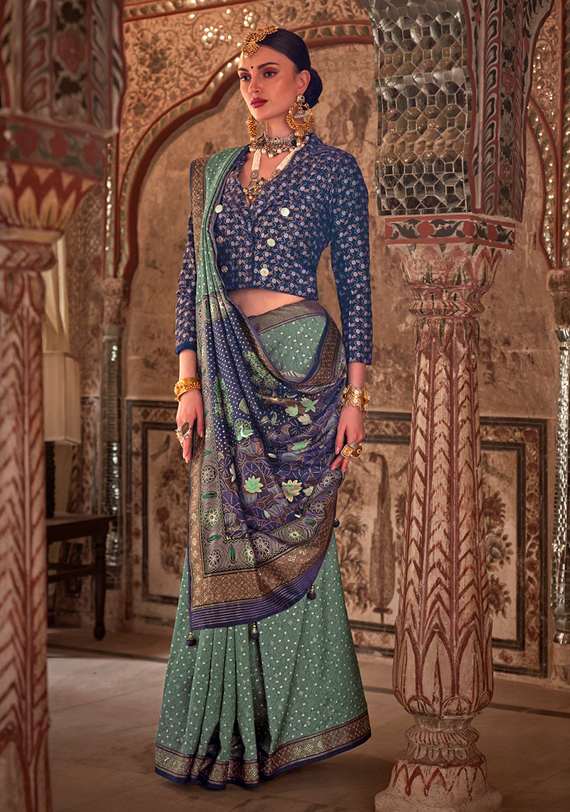 Monjolika Fashion Green Printed Viscose Silk Designer Traditional Saree - Distacart