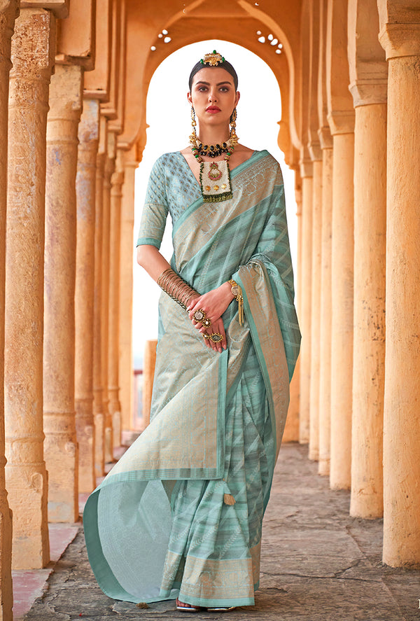 Monjolika Fashion Viscose Turquoise Foil Print Contemporary Saree
