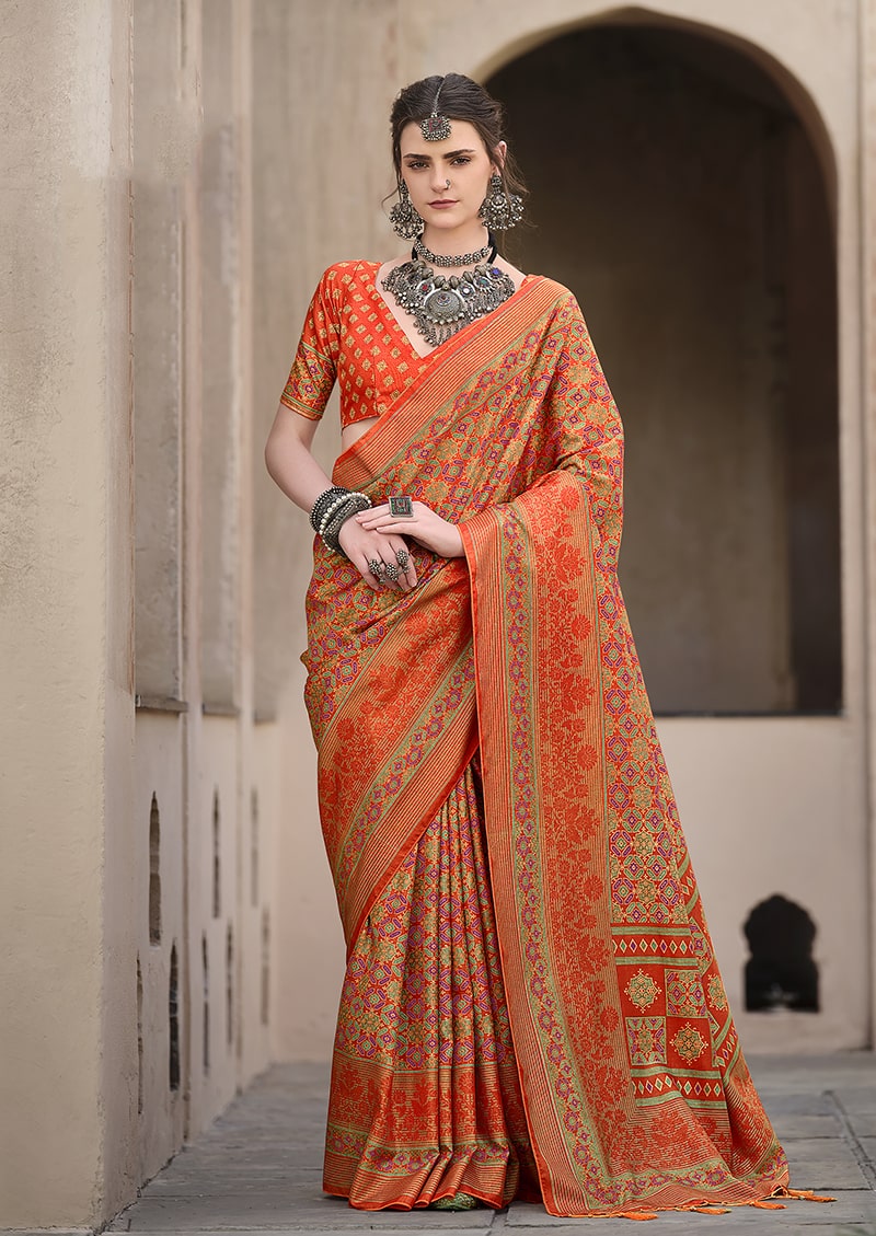 Monjolika Fashion Silk Patola Print Orange Traditional Saree