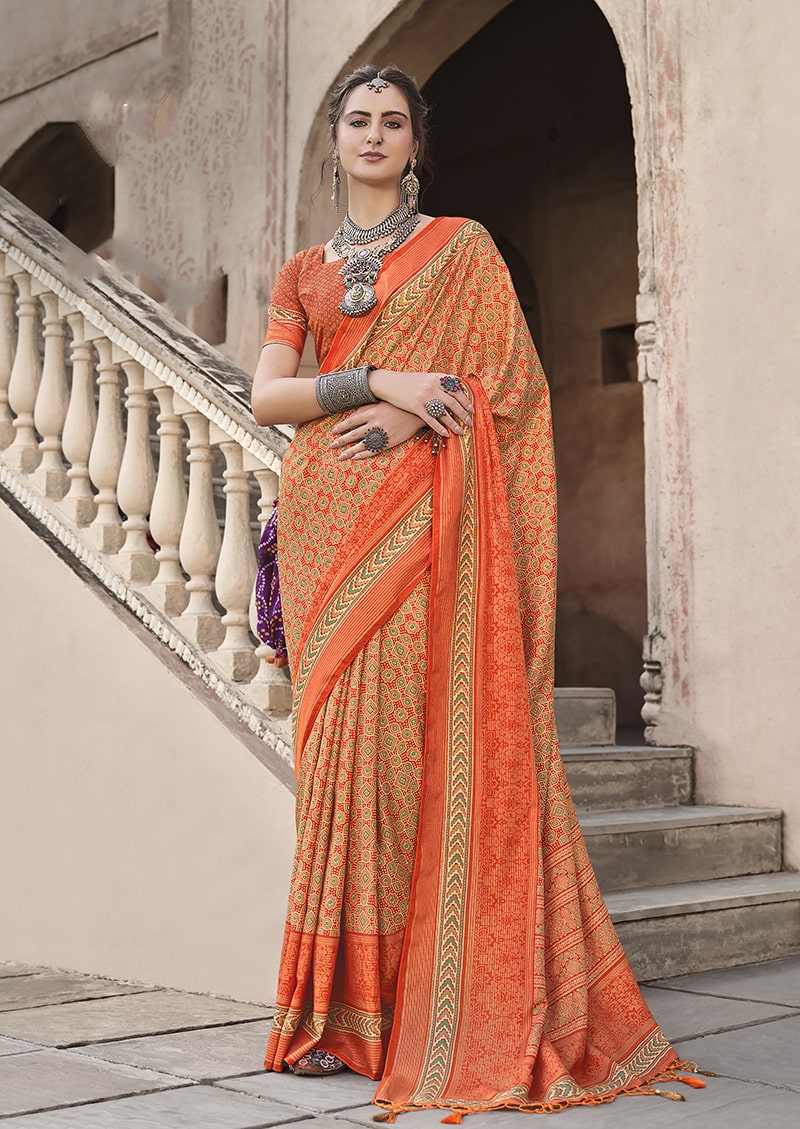 Monjolika Fashion Silk Patola Print Orange Traditional Saree