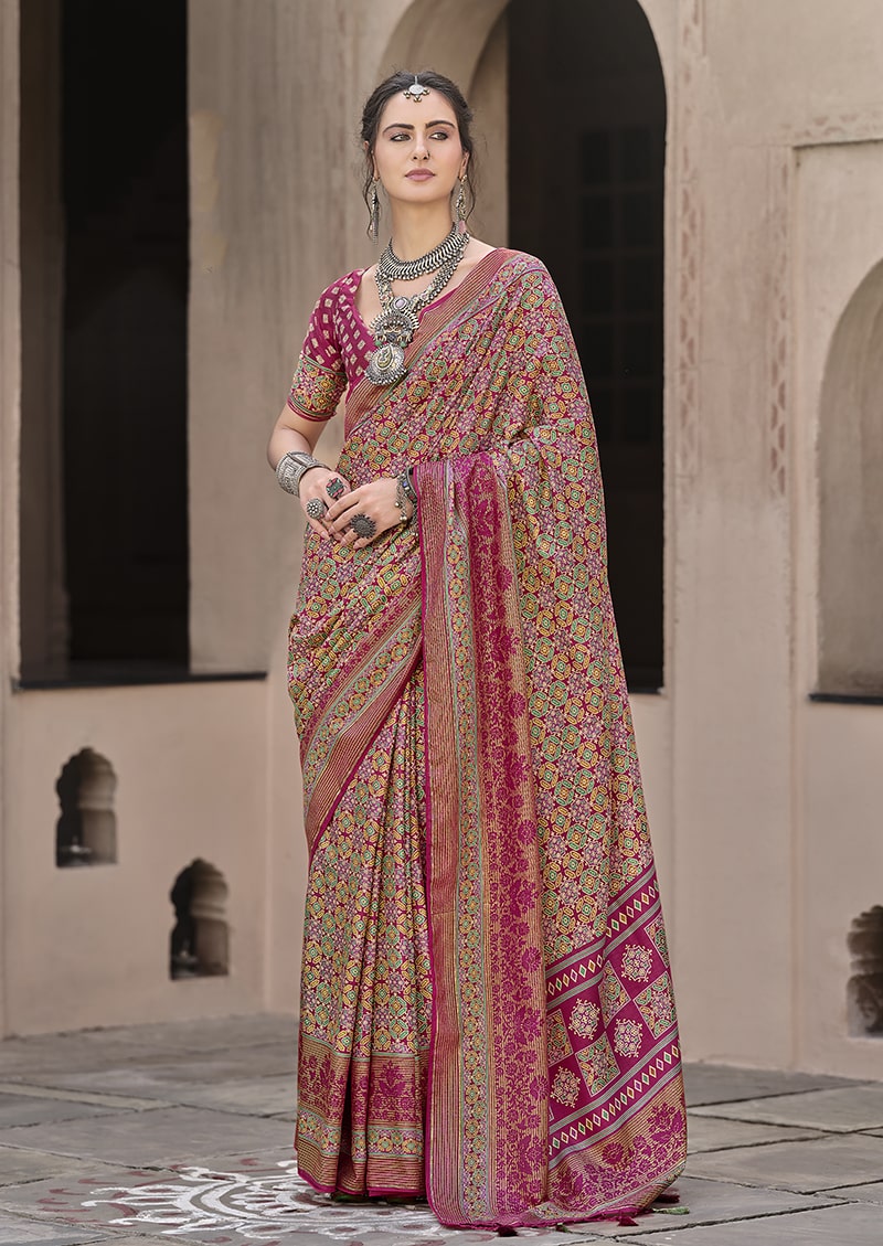 Monjolika Fashion Silk Patola Print Rani Pink Traditional Saree