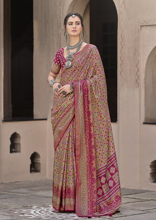 Monjolika Fashion Silk Patola Print Rani Pink Traditional Saree