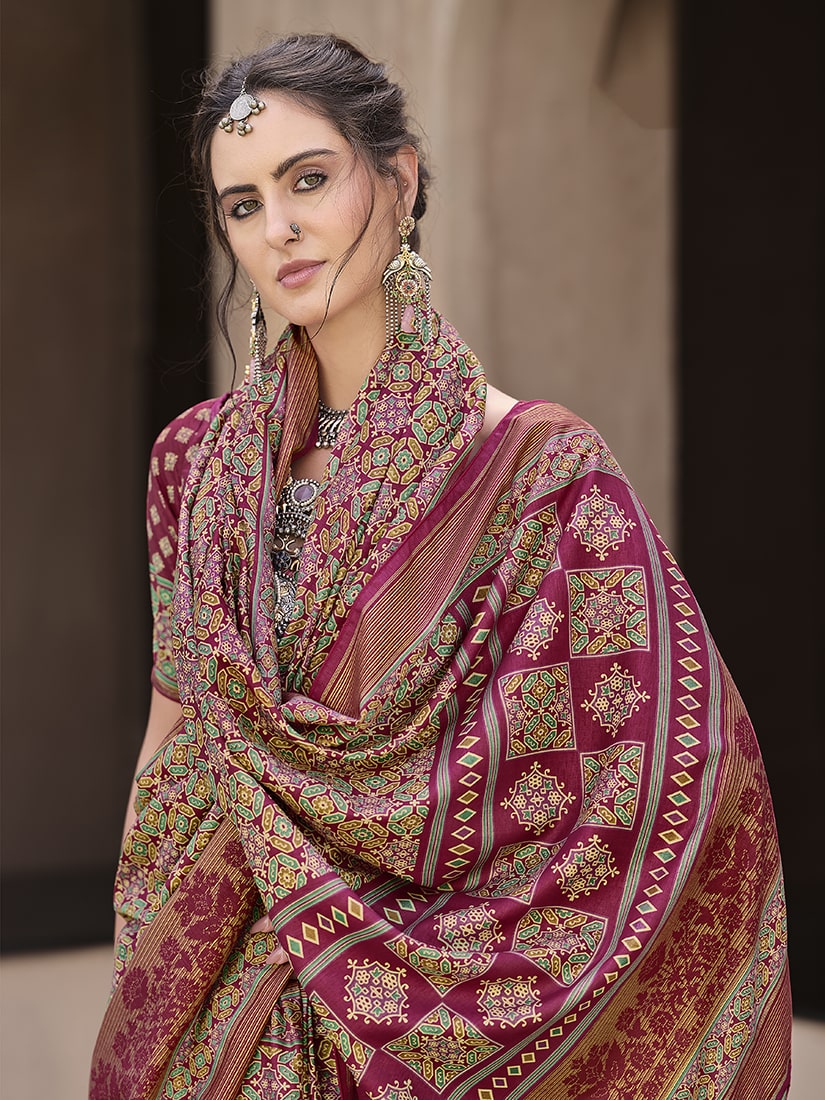 Monjolika Fashion Silk Patola Print Rani Pink Traditional Saree