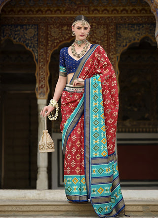 Monjolika Fashion Red And Aqua Blue Patola Print Silk Festival Trendy Saree