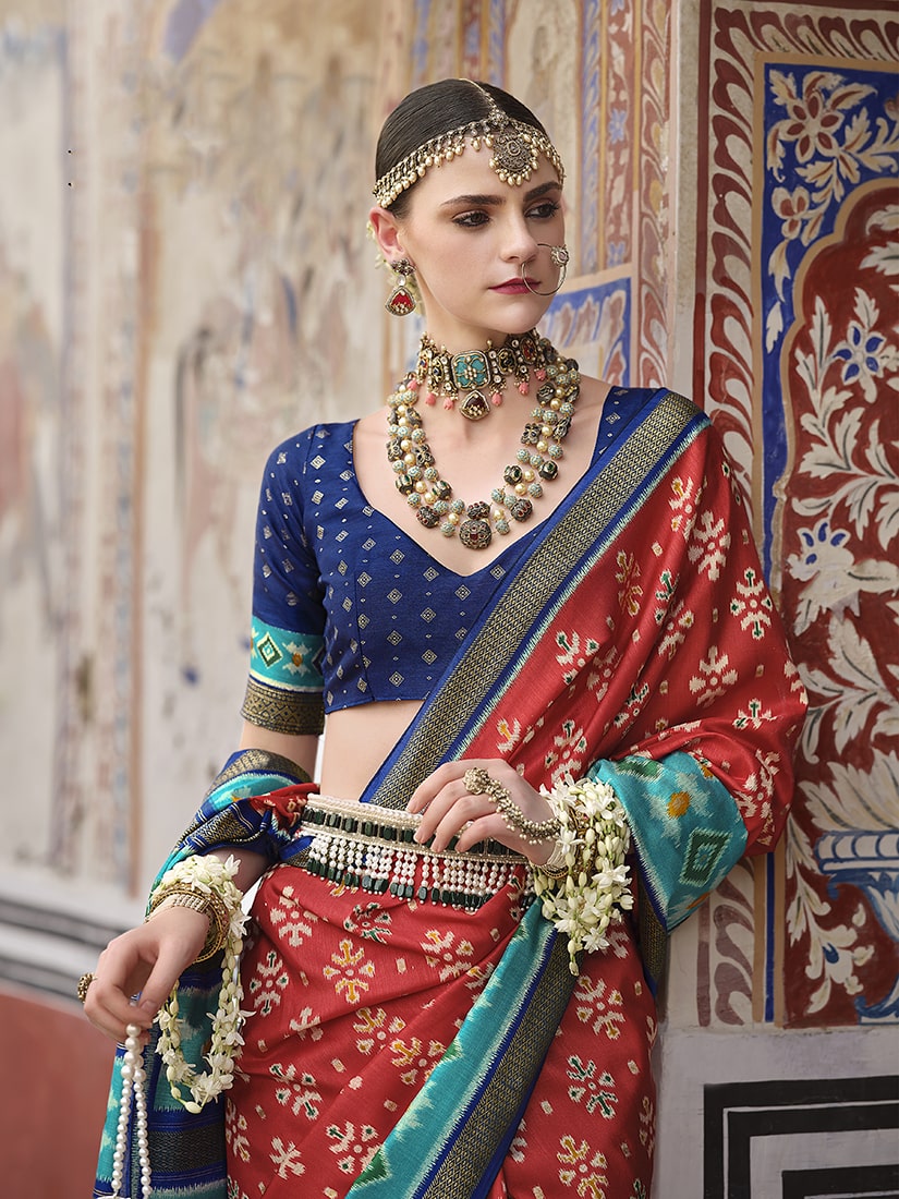 Monjolika Fashion Red And Aqua Blue Patola Print Silk Festival Trendy Saree