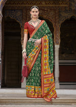Thumbnail for Monjolika Fashion Green And Mustard Patola Print Silk Festival Trendy Saree
