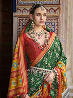Thumbnail for Monjolika Fashion Green And Mustard Patola Print Silk Festival Trendy Saree