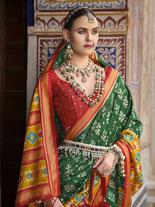Monjolika Fashion Green And Mustard Patola Print Silk Festival Trendy Saree