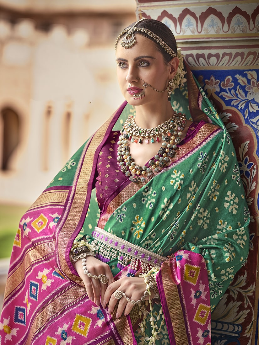 Monjolika Fashion Light Green And Pink Patola Print Silk Festival Trendy Saree