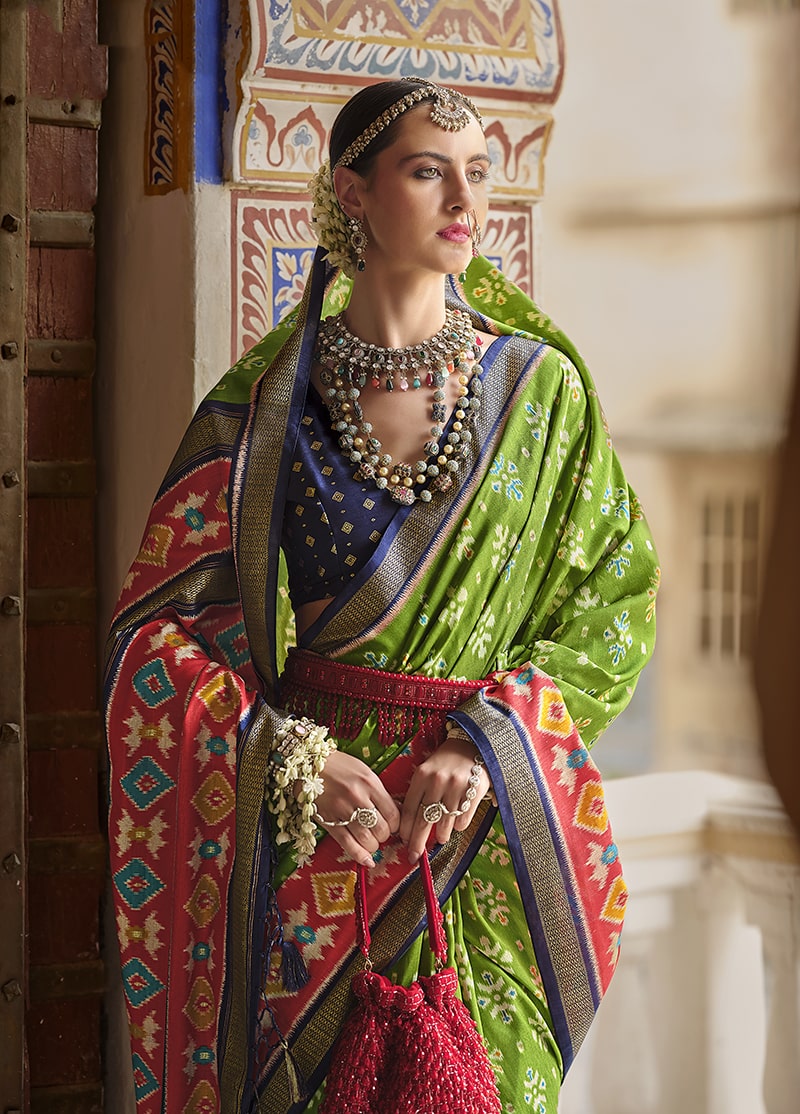 Monjolika Fashion Parrot Green And Red Patola Print Silk Festival Trendy Saree