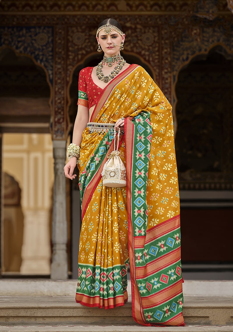 Monjolika Fashion Mustard And Green Patola Print Silk Festival Trendy Saree