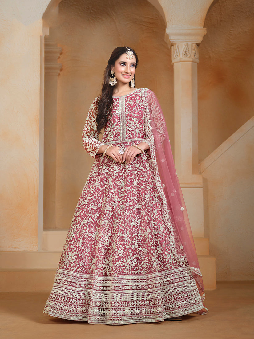 Monjolika Fashion Pink Color Embroidered Santoon Net Salwar Suit