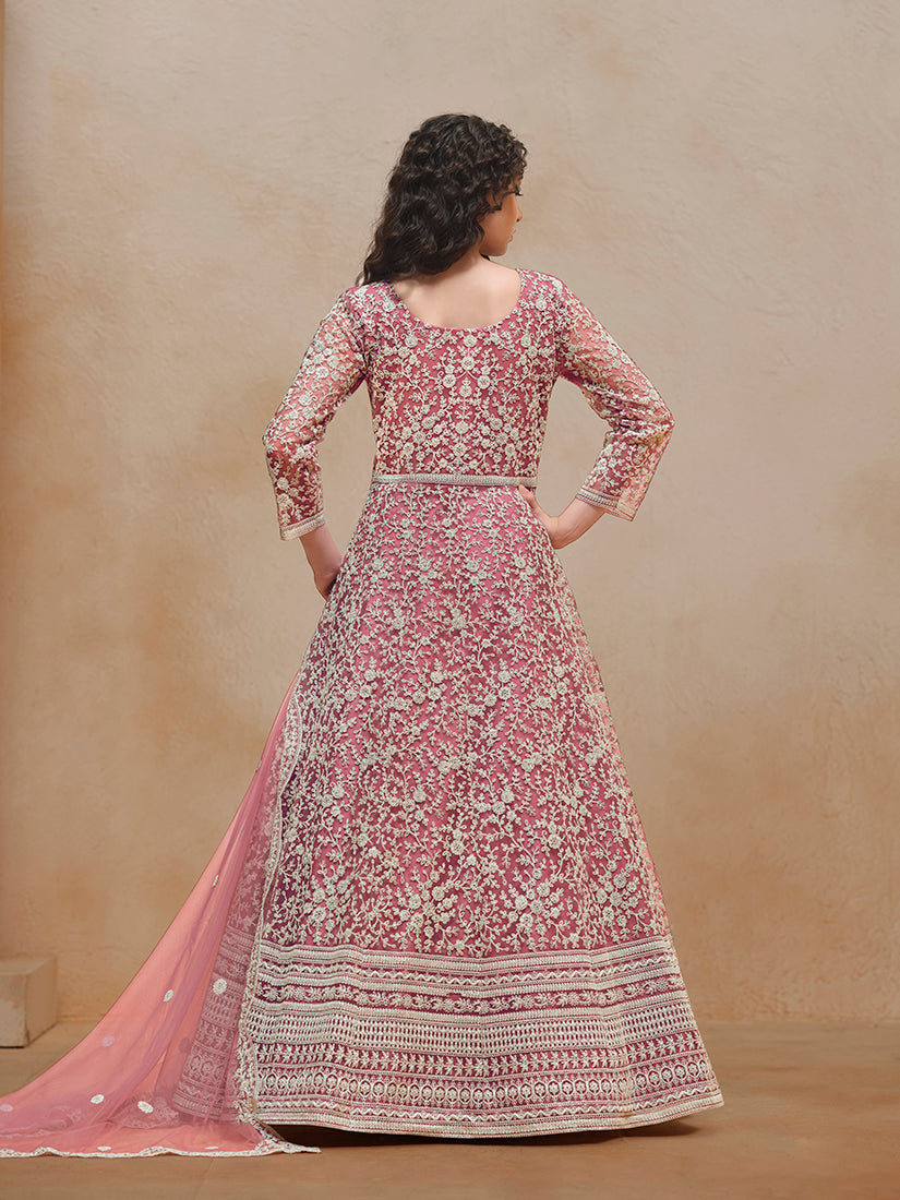 Monjolika Fashion Pink Color Embroidered Santoon Net Salwar Suit