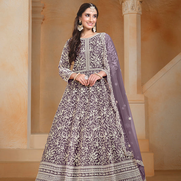 Monjolika Fashion Purple Color Embroidered Santoon Net Salwar Suit - Distacart