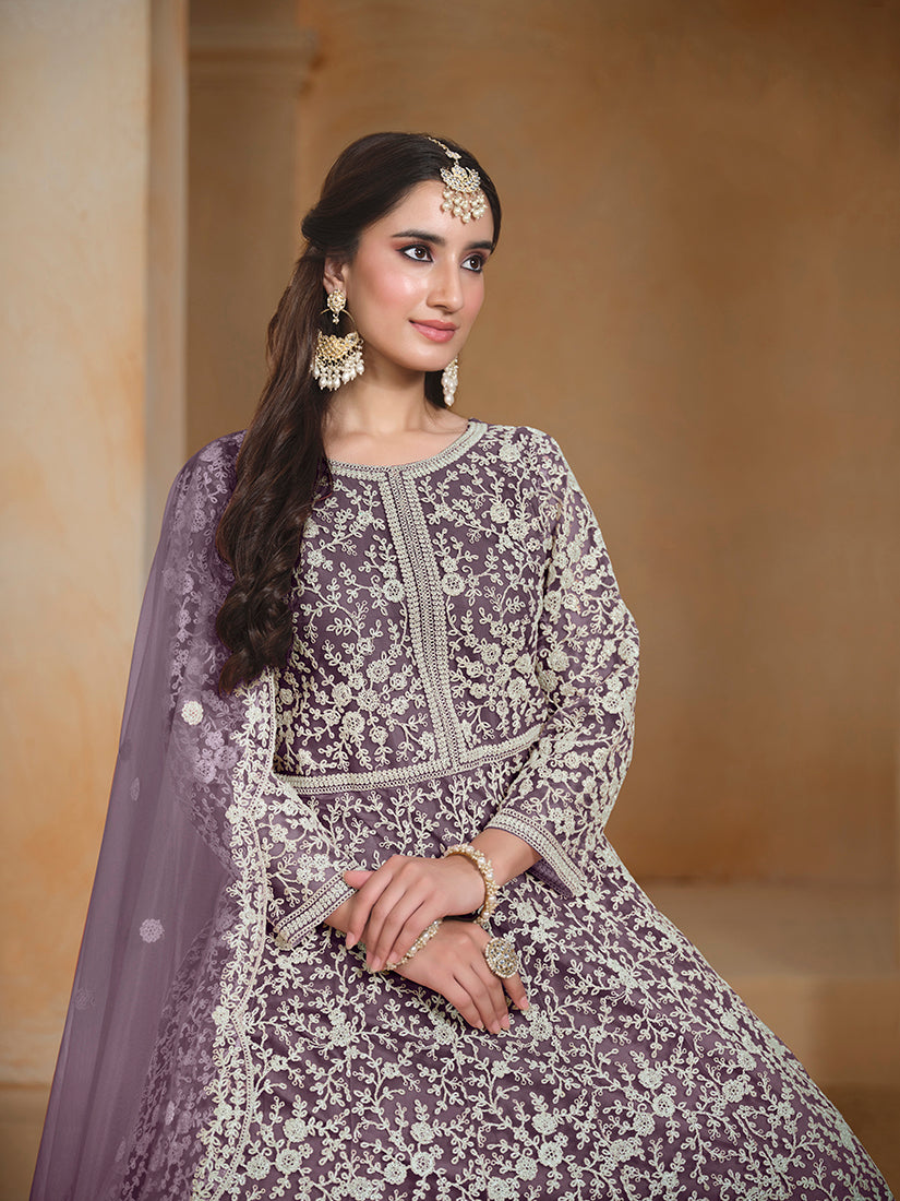 Monjolika Fashion Purple Color Embroidered Santoon Net Salwar Suit