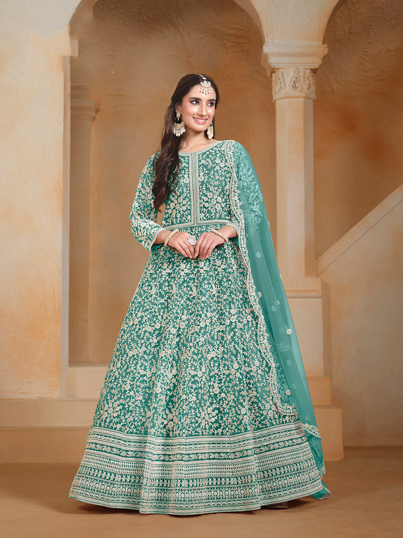 Monjolika Fashion Turquoise Color Embroidered Santoon Net Salwar Suit
