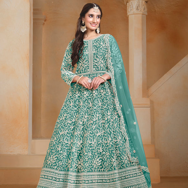 Monjolika Fashion Turquoise Color Embroidered Santoon Net Salwar Suit - Distacart