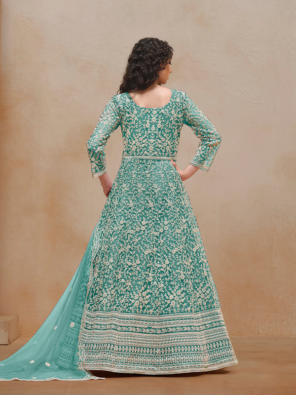 Monjolika Fashion Turquoise Color Embroidered Santoon Net Salwar Suit