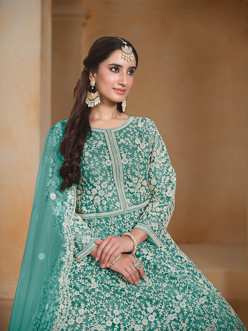 Monjolika Fashion Turquoise Color Embroidered Santoon Net Salwar Suit