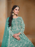 Thumbnail for Monjolika Fashion Turquoise Color Embroidered Santoon Net Salwar Suit