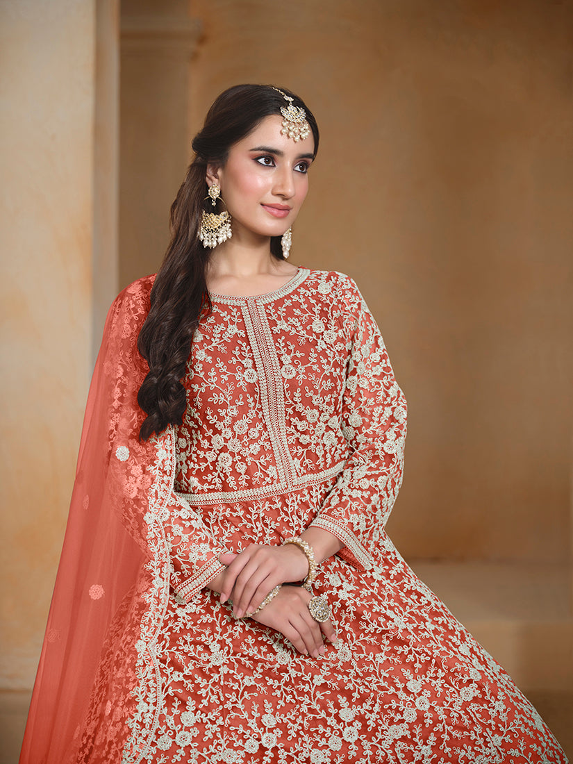 Monjolika Fashion Dark-Orange Color Embroidered Santoon Net Salwar Suit