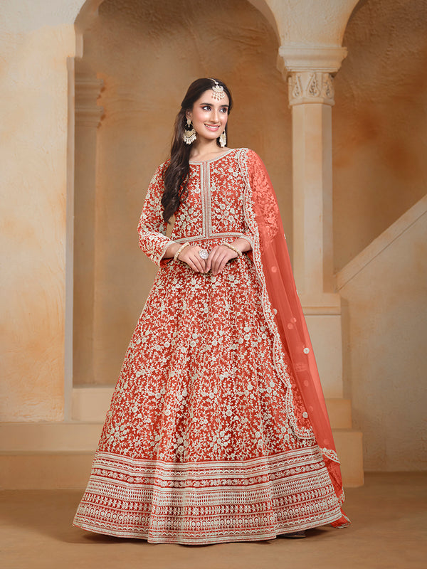 Monjolika Fashion Dark-Orange Color Embroidered Santoon Net Salwar Suit