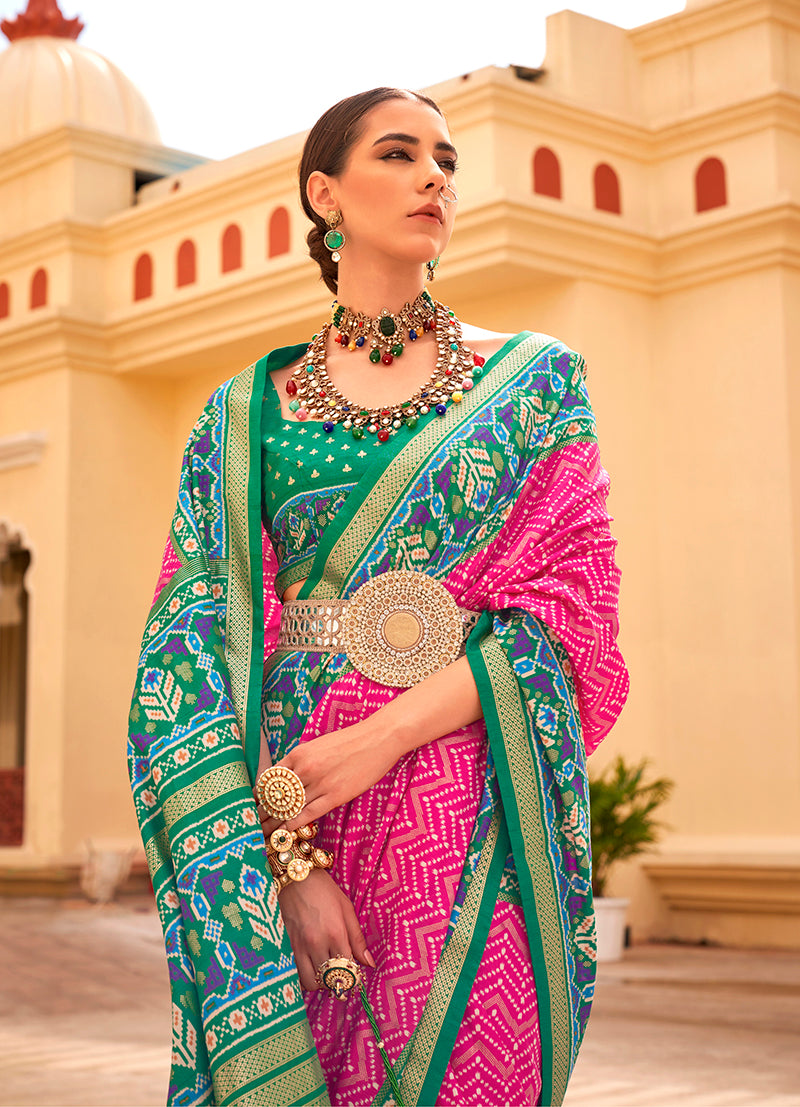 Monjolika Fashion Patola Silk Rani Pink And Green Patola Print Classic Saree