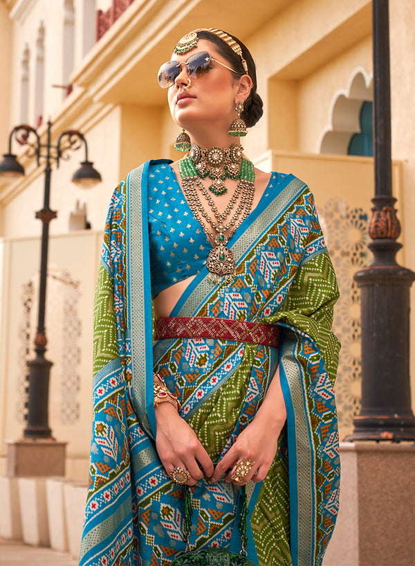 Monjolika Fashion Patola Silk Olive And Light Blue Patola Print Classic Saree