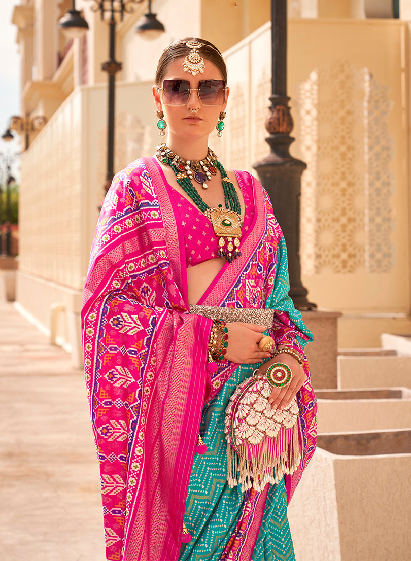 Monjolika Fashion Patola Silk Turquoise And Rani Pink Patola Print Classic Saree - Distacart