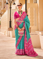 Thumbnail for Monjolika Fashion Patola Silk Turquoise And Rani Pink Patola Print Classic Saree