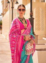 Thumbnail for Monjolika Fashion Patola Silk Turquoise And Rani Pink Patola Print Classic Saree