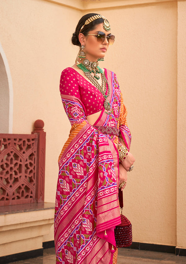 Monjolika Fashion Patola Silk Mustard And Rani Pink Patola Print Classic Saree