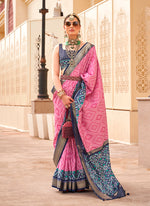Thumbnail for Monjolika Fashion Patola Silk Pink And Navy Blue Patola Print Classic Saree