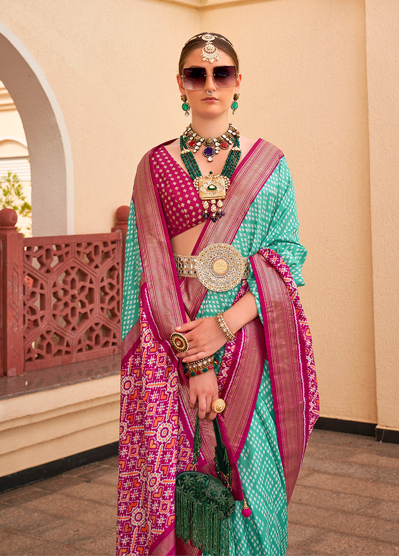 Monjolika Fashion Patola Silk Light Sea Green And Magenta Patola Print Classic Saree - Distacart
