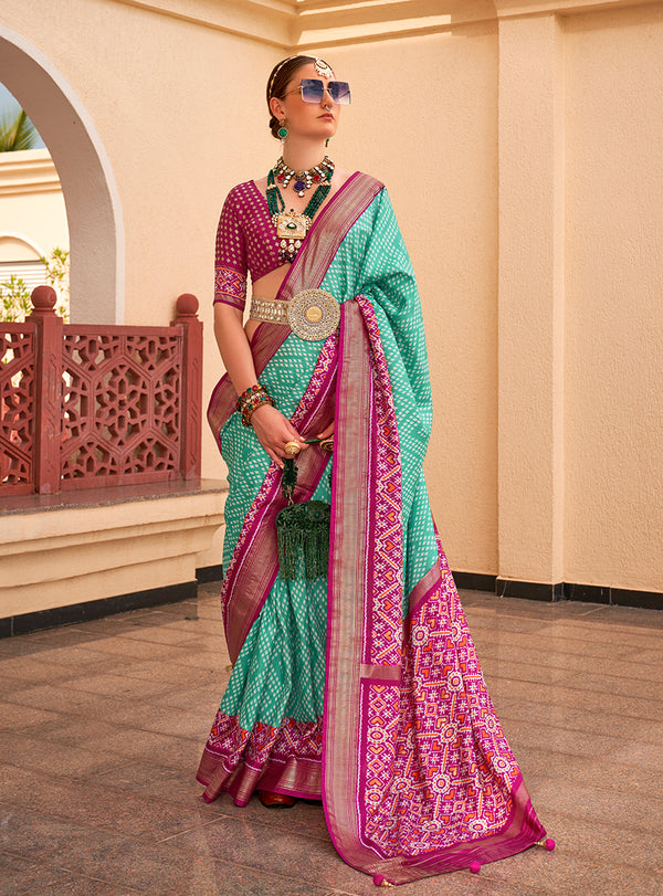 Monjolika Fashion Patola Silk Light Sea Green And Magenta Patola Print Classic Saree