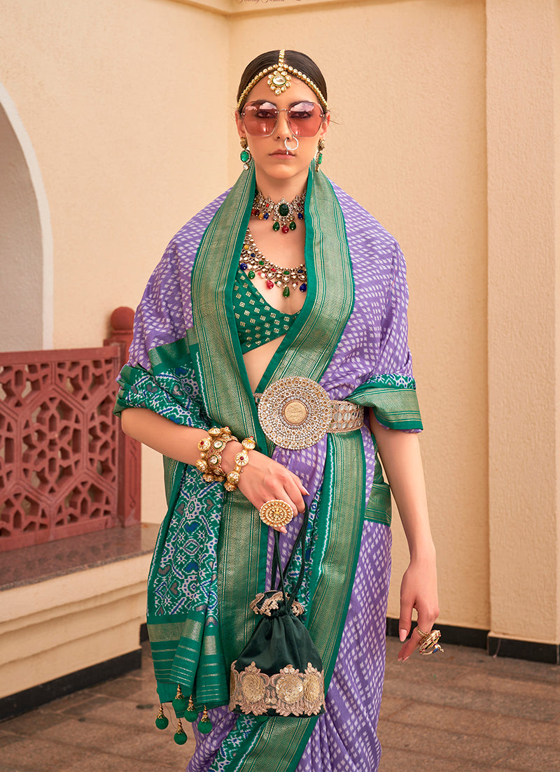Monjolika Fashion Patola Silk Lavender And Green Patola Print Classic Saree - Distacart