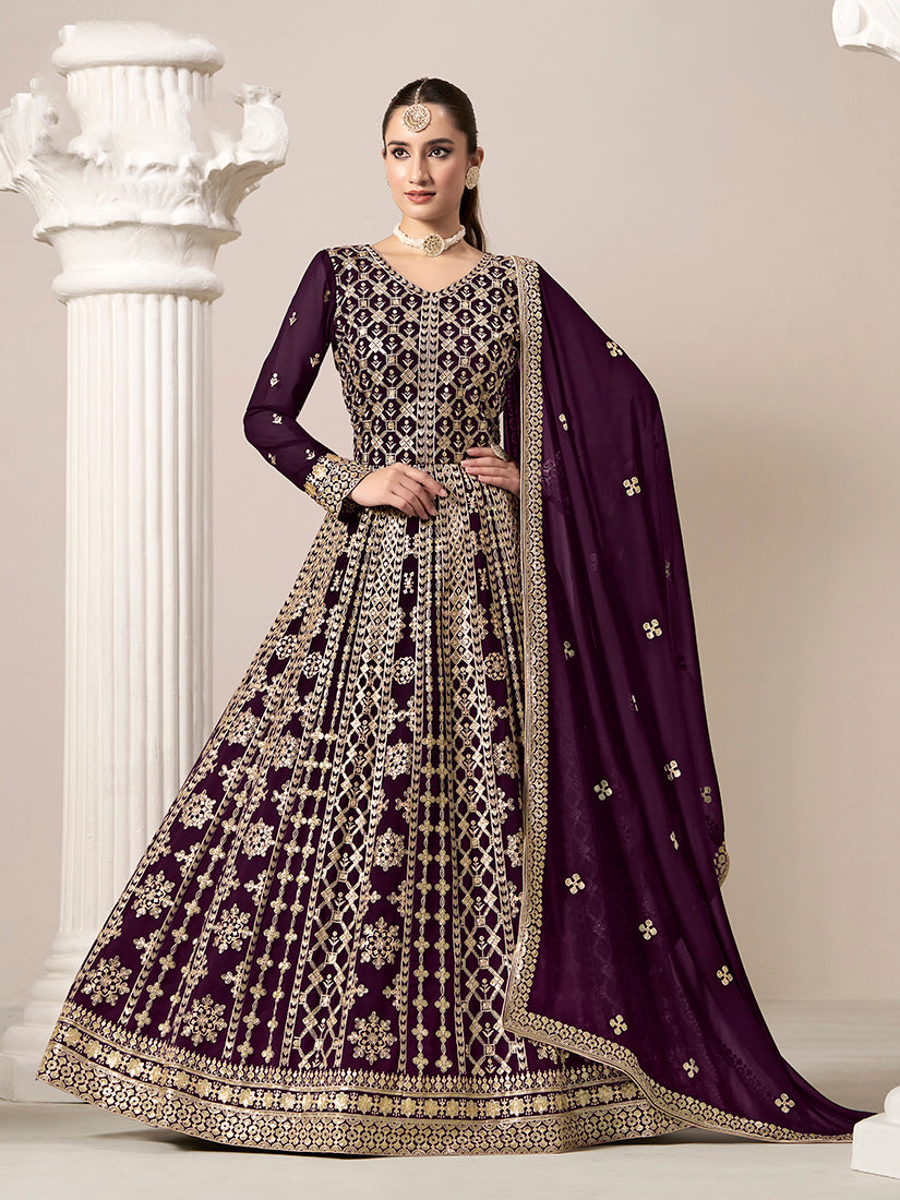 Monjolika Fashion Dark-Purple Color Embroidered Santoon Georgette Salwar Suit