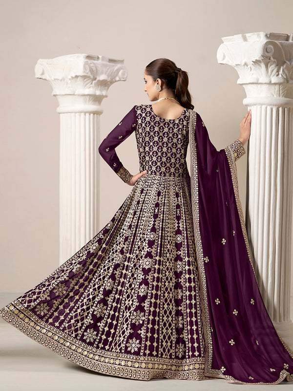 Monjolika Fashion Dark-Purple Color Embroidered Santoon Georgette Salwar Suit