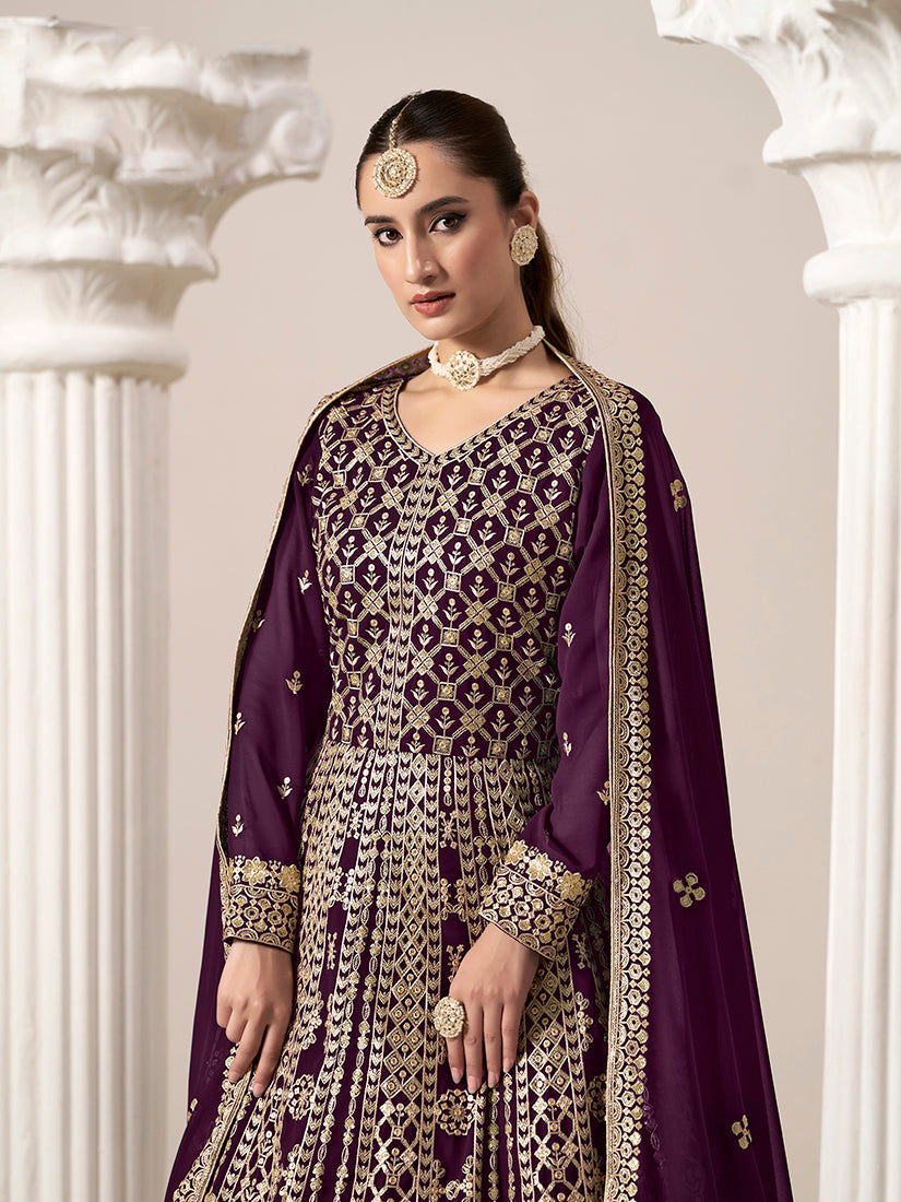 Monjolika Fashion Dark-Purple Color Embroidered Santoon Georgette Salwar Suit