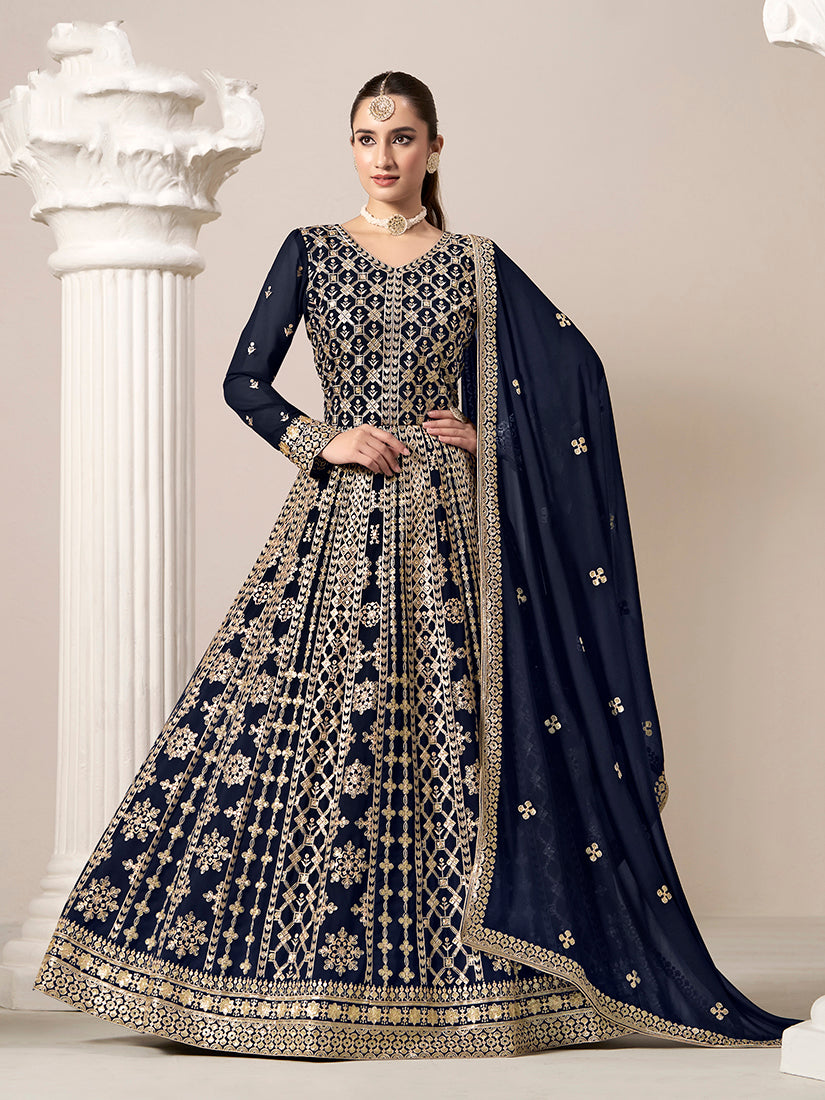 Monjolika Fashion Navy-Blue Color Embroidered Santoon Georgette Salwar Suit - Distacart