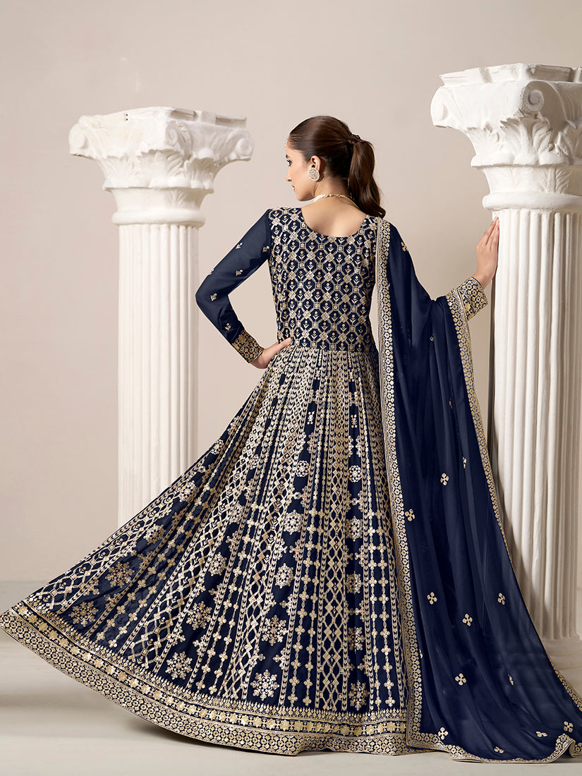 Monjolika Fashion Navy-Blue Color Embroidered Santoon Georgette Salwar Suit - Distacart