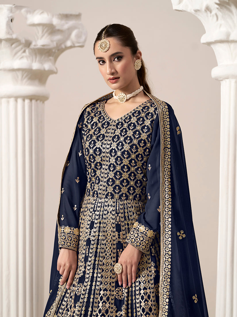 Monjolika Fashion Navy-Blue Color Embroidered Santoon Georgette Salwar Suit