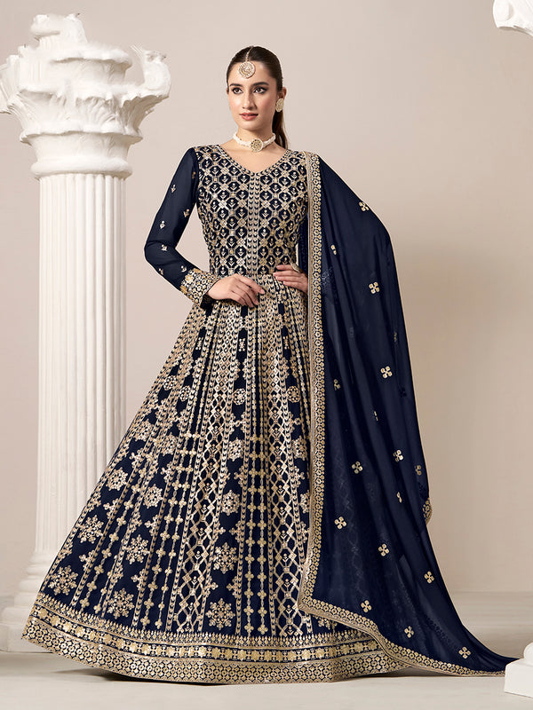Monjolika Fashion Navy-Blue Color Embroidered Santoon Georgette Salwar Suit