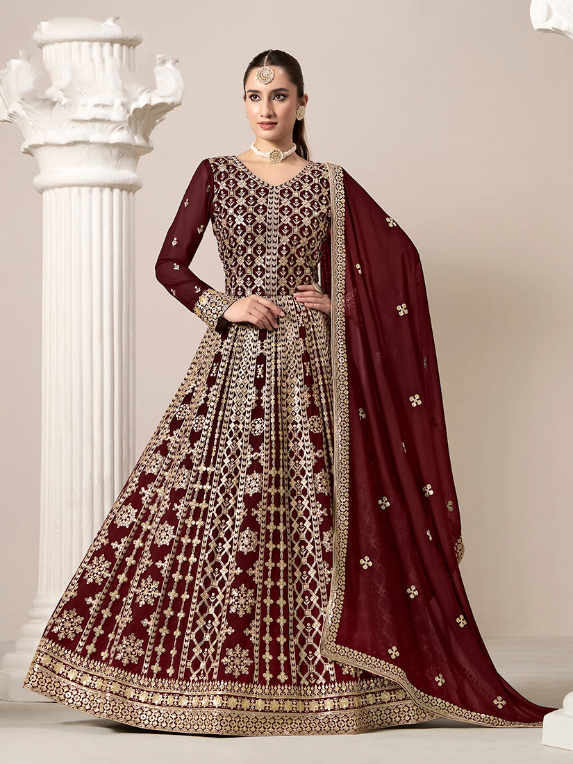 Monjolika Fashion Maroon Color Embroidered Santoon Georgette Salwar Suit